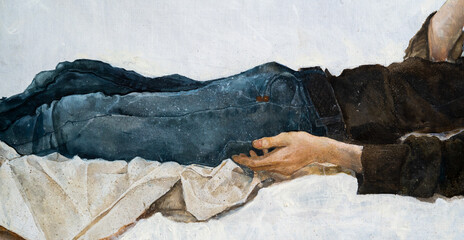 A young man with curly hair holds a handkerchief in his hand. The young man lies on a pillow. Classical melancholy painting with biblical motifs. Clock on a white wall.