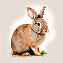 Cute bunny or rabbit in brown colors. Watercolor illustration created with Generative Ai technology
