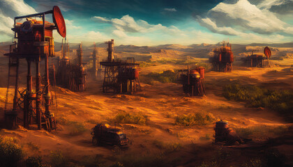 Oil field, where towering machinery tirelessly extracts valuable crude oil from the earth. Generative AI