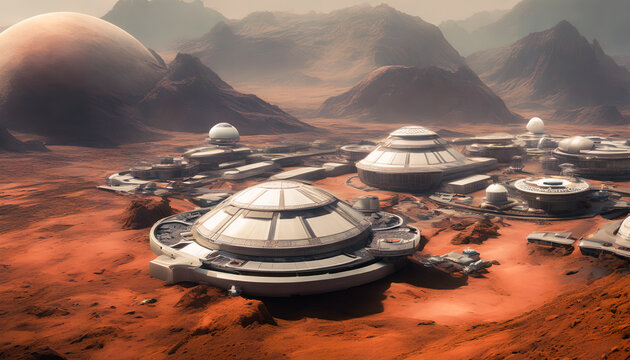 Artistic concept illustration of a futuristic space colony, city on mars planet, background illustration.