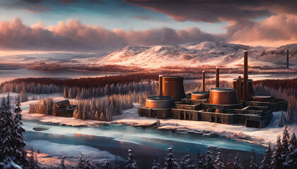 The painting portrays a wintery nuclear power plant set against a snowy backdrop. Generative AI