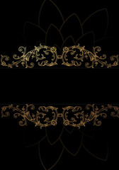 Golden floral element over black background. Floral swirl elements, golden frame.