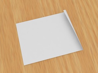 Curved sheet of white paper on a wooden background. 3d render illustration.
