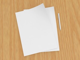 Curved sheets of white paper and a pen on a wooden background. 3d render illustration.