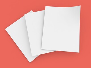Sheets of A4 paper on a red background. 3d render illustration.