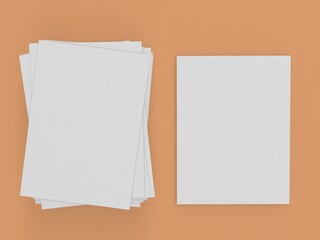 Stack and sheet of white paper and on a wooden background. 3d render illustration.