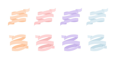 Zestaw ręcznie rysowanych wstążek w czterech jasnych pastelowych kolorach. Etykieta, baner, tag w prostym stylu.