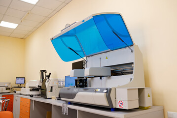 Hospital researching experiments. Modern biochemistry automated laboratory.