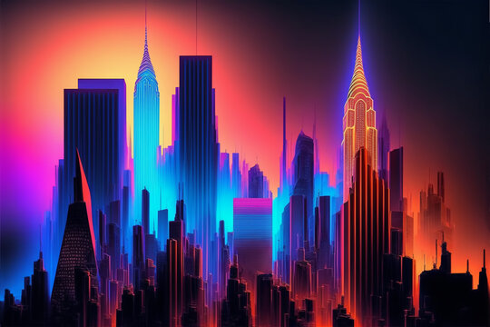 Futuristic city, depicting New York in future, neon light illustration created with Generative AI technology