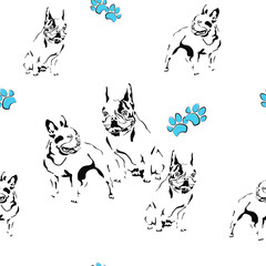 French bulldog seamless pattern. Black dog template print. Paw and footprint. Wrapping paper, textiles, bed linen and wallpaper.