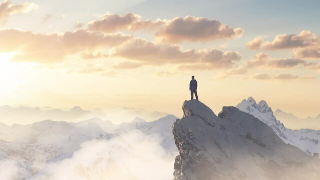 Adventurous Man Hiker standing on top of icy peak with rocky mountain in background. Adventure Composite. 3d Rendering rocks. Aerial Image of landscape from BC, Canada. Sunset Sky. Cinematic Animation