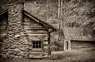 Pioneer Cabin and Shed in Cades Cove Sepia Photograph