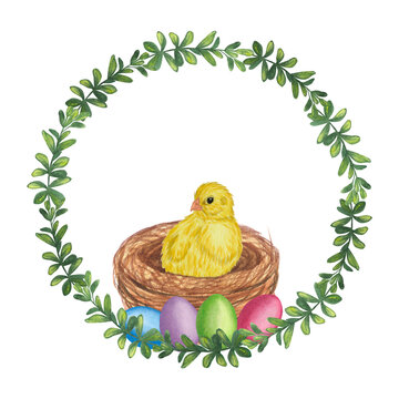 Green round frame with chick in the nest, colored eggs. Hand-drawn watercolor illustration isolated on white background. Happy easter
