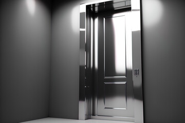 In a hotel or office building, authentic stainless steel corridor interior element with a white backdrop, broken elevator doors are closed with a ribbon. Generative AI