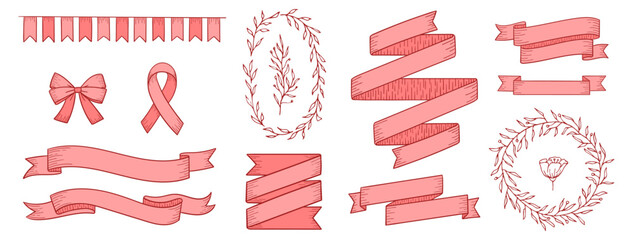 set elements label ribbon vector hand draw with details, soft colors