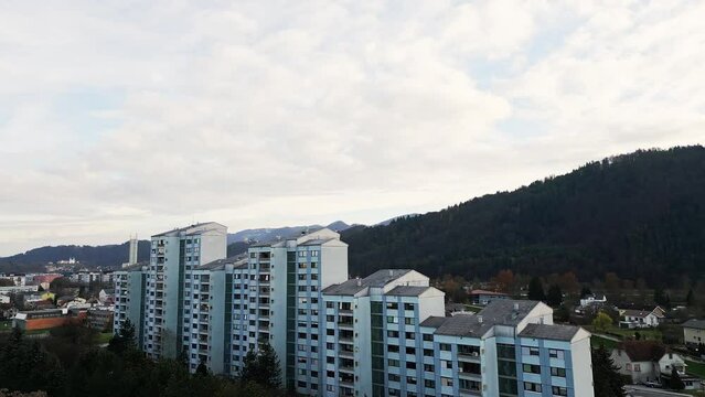 Aerial view of older residential buildings on the outskirts of Celje city in Slovenia