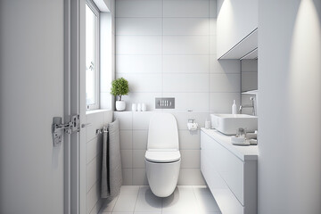 With a white toilet, bathtub, and sink, the bathroom is modern and simple. Generative AI