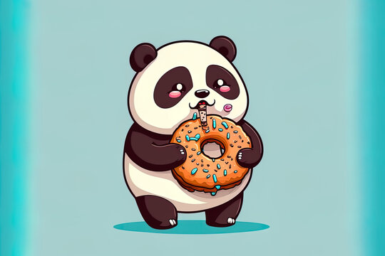 Cartoon symbol of a cute panda holding a doughnut. notion of an animal eating something, flat. Generative AI