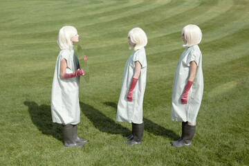 Conceptual shot of alike young blond women in garment cover bags, rubber boots and pink gloves standing on green lawn and looking in the mirror   