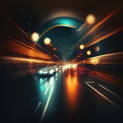 Fototapeta Abstract image of night traffic light trails in the city. The car light trails in the city. AI obraz