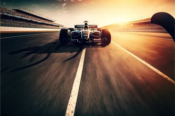 Poster International race track with racing car at the start. A racer on a racing car passes the track. AI © DZMITRY