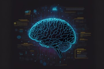 Cybernetic brain. Cybernetics mind analysis data. Neuron network processes information. AI