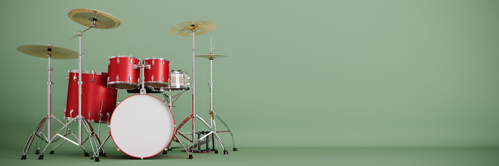 Professional Rock Drum in front of green wall.