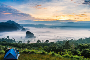 landscape of mountains fog and tent Phu Lanka National Park Phayao province north of Thailand