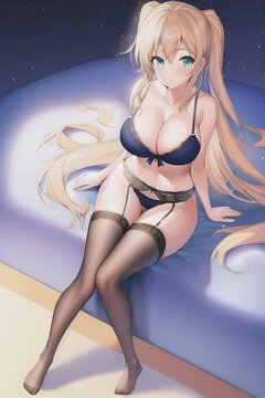 Sexy blonde anime waifu girl in lingerie and black stockings sitting on a bed. Generative AI