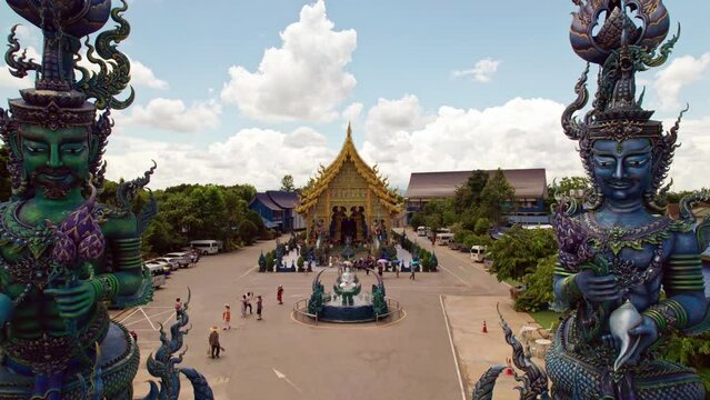 Aerial drone footage of blue temple in Chiang Mai