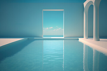 Empty swimming pool with water backdrop. Generative AI