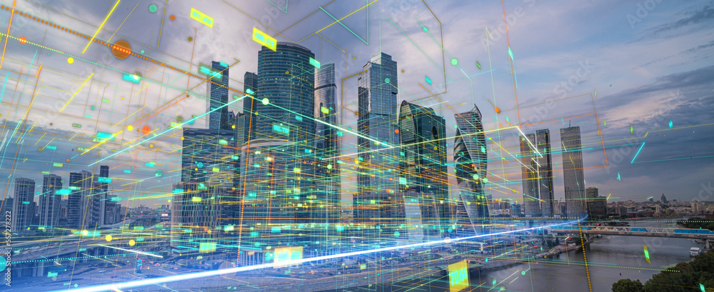 Aufkleber smart city and abstract polygon pattern connection with speed line light, big data connection techno