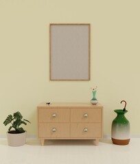 modern hallway with commode cabinet and empty frame on wall, vase with umbrella. mock up, template, 3d render illustration