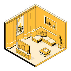 3d living room, interior design concept, furniture arrangement. Indoor environment of home, flat, house space. Apartment template for hotel, real estate, building. Vector linear isometric illustration