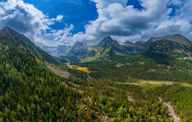 Summer Landscape beautiful mountains Altai with Multe lake, Aerial top view