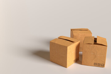 three carton cardboard boxes on grey background. delivery, warehouse, shipping, moving concept. 3d render illustration