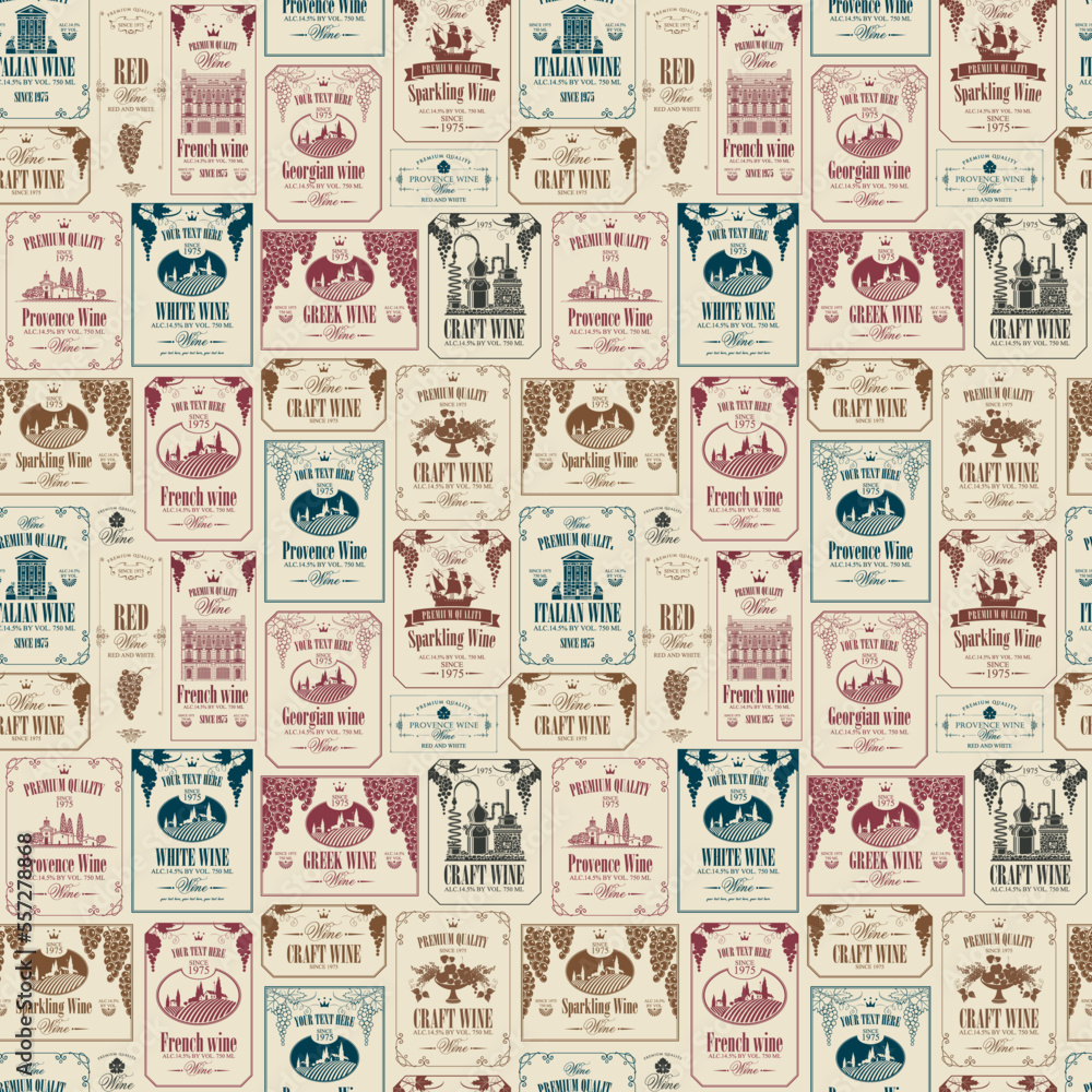 Poster vector seamless pattern on theme of wine with various wine labels with images of grapes, landscapes,