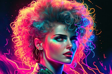 A woman's face with bright neon lights on a dark background, retro 80s style, generative ai