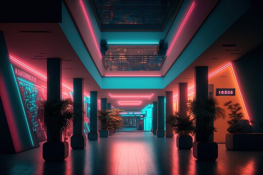 An empty mall with bright neon lights at night, no people, generative AI