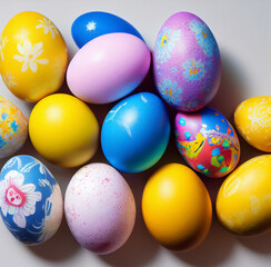Fototapeta na wymiar Easter eggs in different colors with hand-drawn patterns.