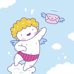 Happy valentine's day illustration with cupid in cartoon style 
