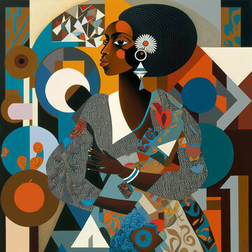 Black woman made from squares, circles, alphabets, poka dots, lines, flowers, and african patterns, modern architecture in the background, generative ai