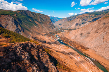 Altai mountains Katu Yaryk pass Chulyshman river gorge Russia. Beautiful aerial top view landscape
