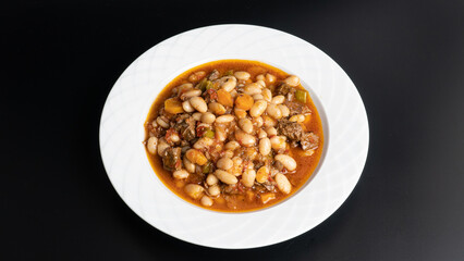 Kuru Fasulye. Traditional Turkish cuisine. Turkish dish. Haricot beans with meat. Top view