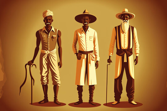 Indian farmer in various standing positions, image. Generative AI
