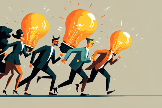  image shows a group of individuals catching up with a light bulb as it is racing away with an idea, an impossibly lofty thinking, and a hunt for fresh solutions. Generative AI