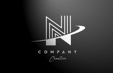 black white N alphabet letter logo icon design with swoosh. Creative line template for company and business