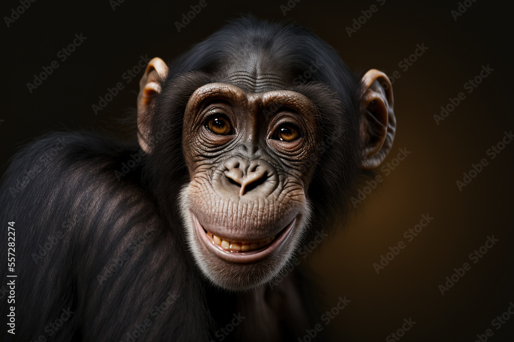 Poster an up close image of a young chimpanzee with a funny smile and space for text. generative ai