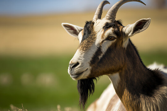 During the day, this macro photo of a goat in a field gazing into the distance was taken. Generative AI