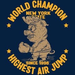 Illustration wrestler Pig Punk text World Champion New York T-shirt Design College Varsity style